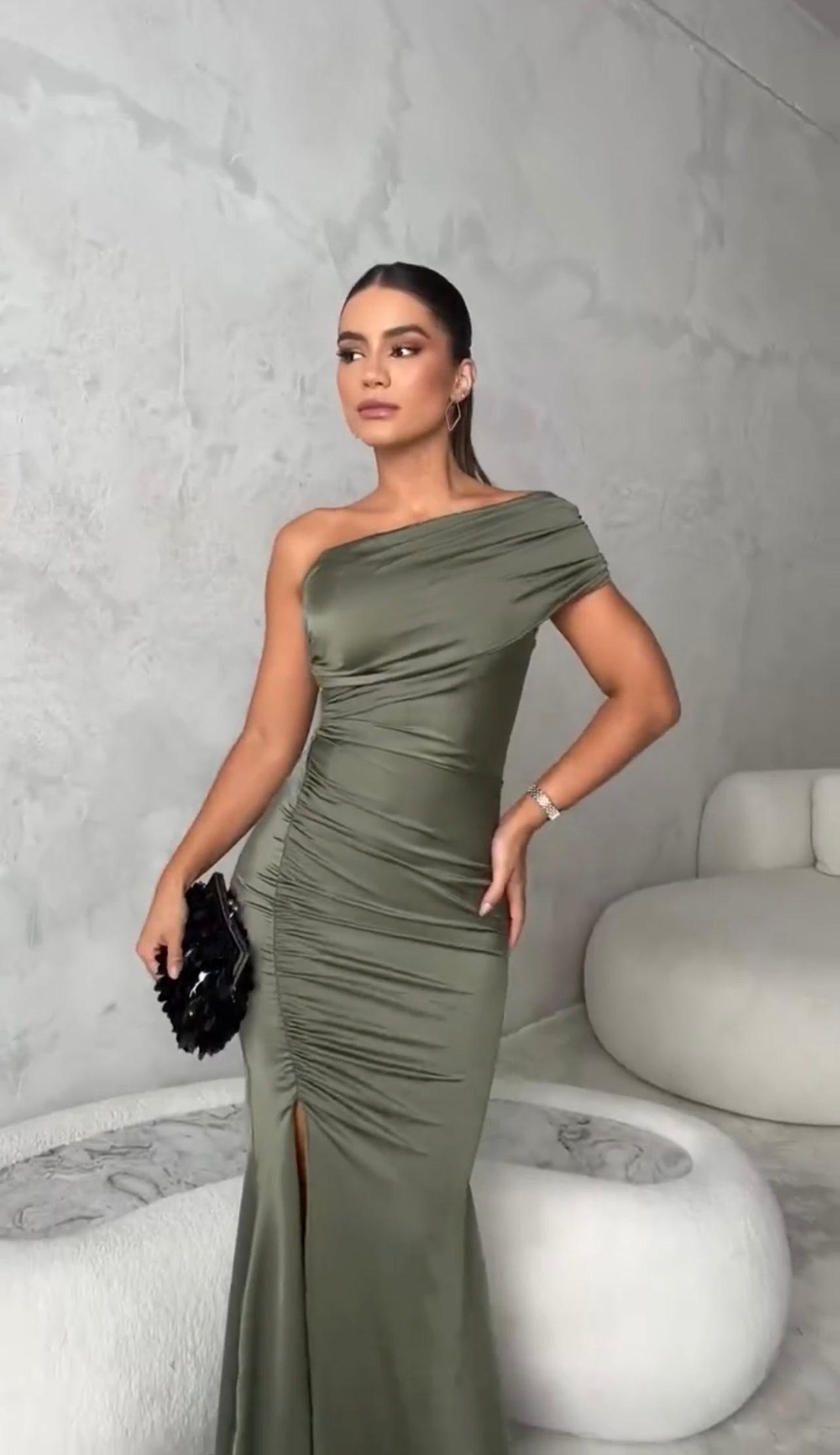 Olive One-Shoulder Satin Gown